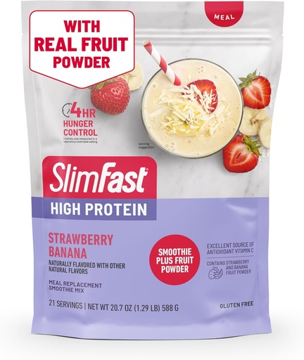 [BRSRAZIFAF5QY23F] SlimFast High Protein Smoothie Mix Plus Fruit Powder, High Protein Meal Replacement Powder, Fiber, Witamina C, 21 Słupki, 1.29 Funty, Truskawka Banana (Opakowania maja Wary)