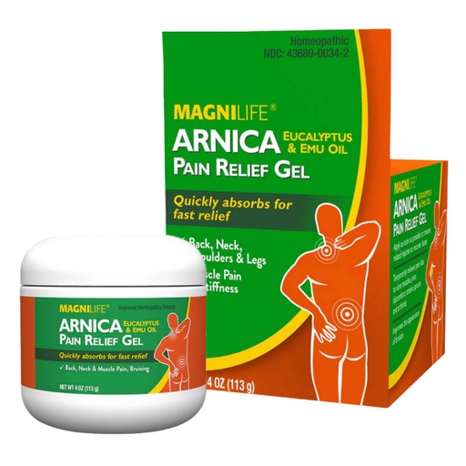 [BRSWG2Q5CB5GOD3V] MagniLife Arnica Pain Relief Gel, 4 Oz, Fast-Acting Neck & Back Pain Reliever with Eucalyptus & Emu Oil, Helps Soothe Soreness, Ease Stiffness, Bruising & Discomfort, No Alcohol & Dyes