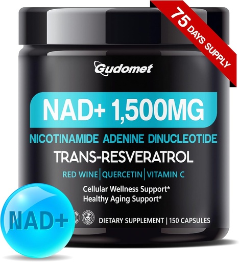 [BRSRAHYNCAJRGELG] NAD+ with Trans-Resveratrol, Red Wine, Quercetin & Vitamin C – Supports Cellular Wellness & Healthy Aging-150 Capsules- Made in The USA