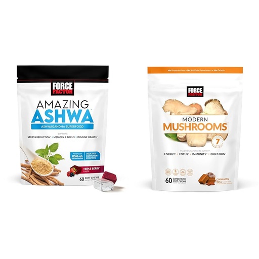 [BRSRAY33PIIW2YA6] Force Factor Ashwagandha & Mushroom Supplements Bundle with KSM-66 Ashwagandha, 7 Mushrooms, 60 Soft Chews Each