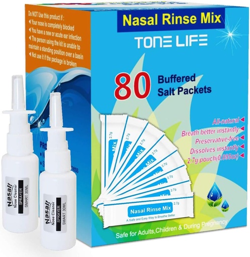 [BRSWGEILCICAGAYU] TONELIFE 80 Count Saline Nasal Care Refills +2 Nasal Sprayer - Nasal Salt 2.7g Each Pouch | Refill Kit | 80 Buffered Salt Packets | for 300ml 500ml Sinus Rinse Kit-Nose Cleaner-Nasal Wash Bottle