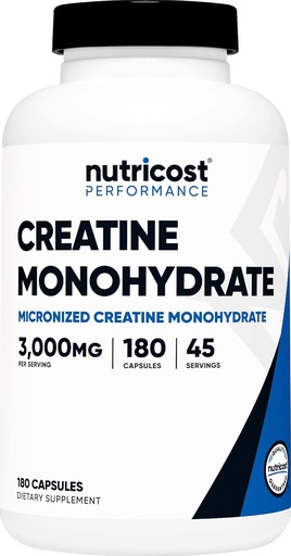 [BRSRMFATBEBQ23DA] Nutricost Creatine Monohydrate 3,000 מ"ג, 180 קפסולות (750 מ"ג פר קפסולה) - Gluten Free, non-GMO