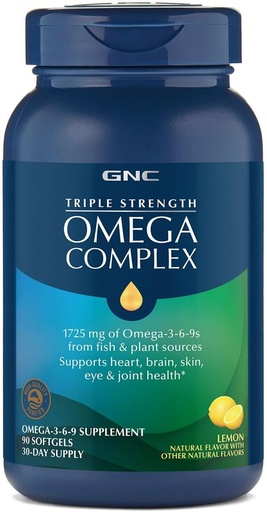 [BRSWIGQHCIFBEFDY] GNC 三强Omega Complex Omega 3, 6, 9 Supplement, 1725mg, Lemon Flavor, 支持心,脑,皮肤,眼和联合健康, 90 Softgels