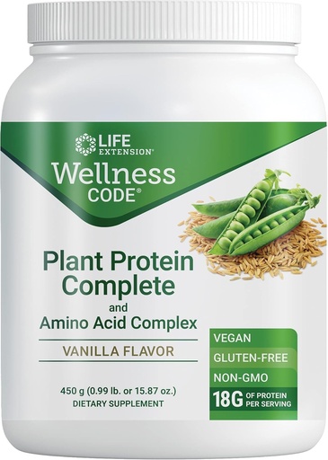[BRSWGGLYC55QIC35] Life Extension Wellness Code® Plant Protein Complete & Amino Acid Complex (Vanilla), Plant-Based Protein Powder Plus adarkatu-Chain Amino azidoak, Gluten-Free, Non-GMO, Vegetarian, 450 Grams