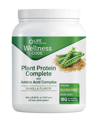 [BRSWGGLYC55QIC35] Life Extension Wellness Code® Plant Protein Complete & Amino Acid Complex (Vanilla), Plant-Based Protein Powder Plus branched-Chain Amino acids, Gluten-Free, Non-GMO, Vegetarian, 450 Grams
