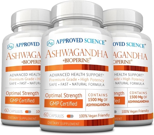 [BRSWGA32ORYBU2Y6] Approved Science Ashwagandha 1500mg with Bioperine® and Ginger- Boost Mood & Energy - 60 Vegan Friendly Capsules (3 Bottles)