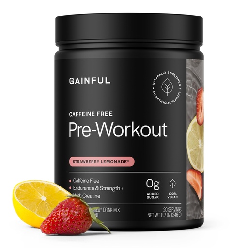 [BRSRACDQAQPGCCDG] Gainful Caffeine Free Pre Workout Powder with Creatine, Strawberry Lemonade Flavor, Supports Strength, Endurance, & Recovery, BCAAs, Beta Alanine, L-Citrulline, No Artificial Ingredients, 20 Servings