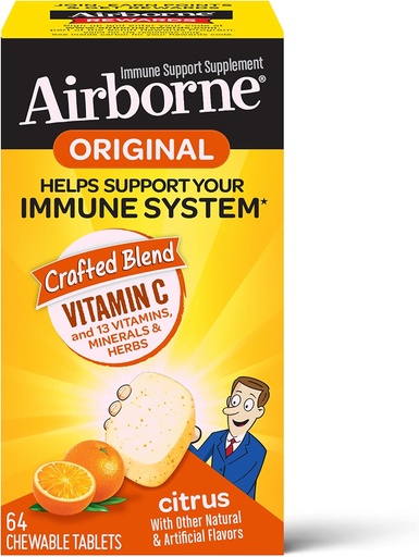 [BRSWIFYPBUCWMADK] Airborne 1000mg Vitamin C Chewable Tablets With Zinc, Immune Support Supplement With Powerful Antioxidants Vitamins A C & E - 64 Chewable Tablets, Citrus Flavor