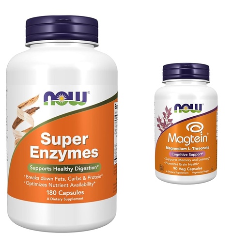 [BRSROCYKOQPQGCA7] NOW Supplements, Super Enzymes, Formulated with Bromelain, Ox Bile, Pancreatin and Papain,180 Capsules & Supplements, Magtein™ with patented form of Magnesium (Mg), Cognitive Support*, 90 Veg Capsules