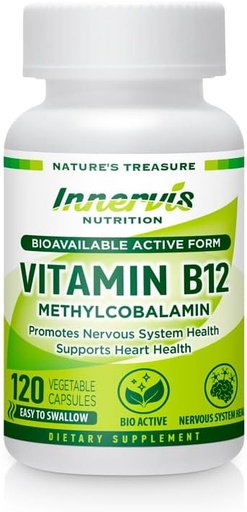 [BRSRA237DIPAA3I3] Høj Absorption BioActive B12 1000mcg - understøtter energi, nerve & hjerte sundhed - 120 Veganske kapsler - Innervis Nutrition