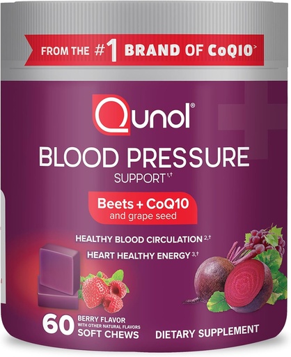 [BRSROAY7DN5AEA3Z] Qunol Beets Chews for Blood Pressure Support, 3 in 1 Beets + CoQ10 + Grape Seed Extract, Supports Healthy Blood Circulation & Heart Healthy Energy, 60 Chews