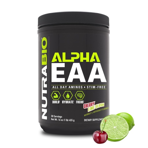 [BRSWGAQZBF5QGFL5] NutraBio Alpha EAA - All-Day Amino Acids for Muscle Growth and Hydration - Essential Amino Acids with Nootropics & Adaptogens- Full Spectrum EAA BCAA Powder - 30 Servings - Cherry Lime Slush
