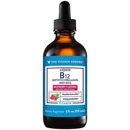 [BRSWYHQCBYIQ4ADD] The Vitamin Shoppe Liquid B12 Methylcobalamin 1000 MCG - Energy Production | Raspberry Flavor Drops | 2 oz | Fast Absorption