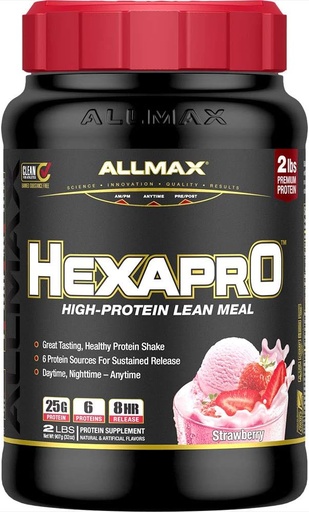[BRSWYZQBBUNBOETF] ALLMAX HEXAPRO, Strawberry - 2 lb - 25 Grams of Protein Per Serving - 8-Hour Sustained Release - Zero Sugar - 21 Servings