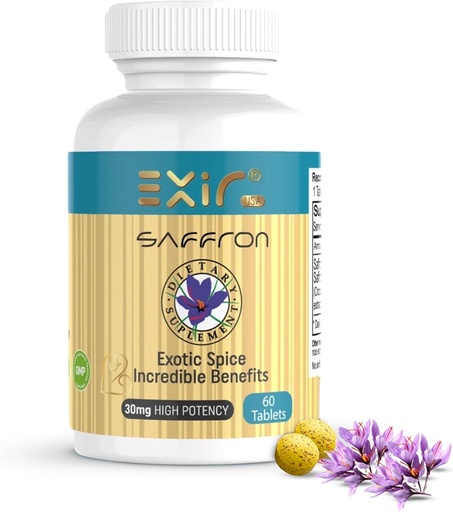 [BRSROGI2OFYQO3LU] EXIR Saffron Supplementér 124; understøtter fokus, sunde spisevaner, mad, Metabolisme, 60 tabletter