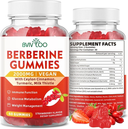 [BRSRAGQ3AUHROCQV] Berberine Gummies,Sugar Free 2000mg High Potency Berberine HCI Supplement, Plus Ceylon Cinnamon, Milk Thistle for Women & Men, Immune System & Metabolism Support - 60 Gummies