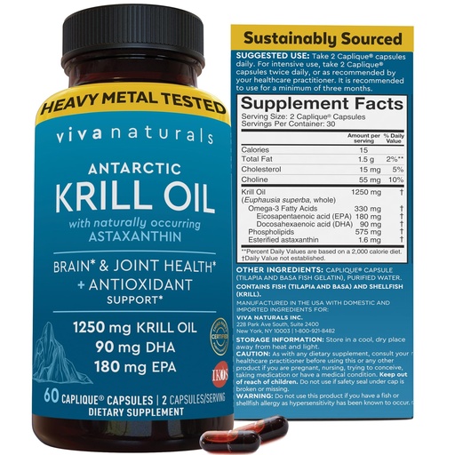 [BRSWIZQ5AEFAA3LK] Viva Naturals Antarctic Krill Oil Omega 3 Supplements 1250 mg - DHA EPA Omega-3 & Astaxanthin Concentration for Joint Health, No Fish Burp - 60 Krill Oil Capsules