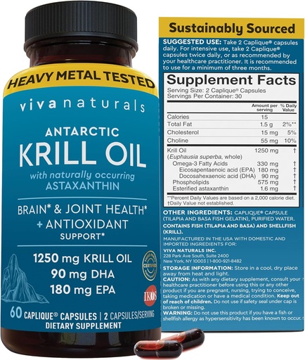 [BRSWIZQ5AEFAA3LK] Viva Naturals Antarctic Krill Oil Omega 3 Supplements 1250 mg - DHA EPA Omega-3 & Astaxanthin Concentration for Joint Health, No Fish Burp - 60 Krill Oil Capsules
