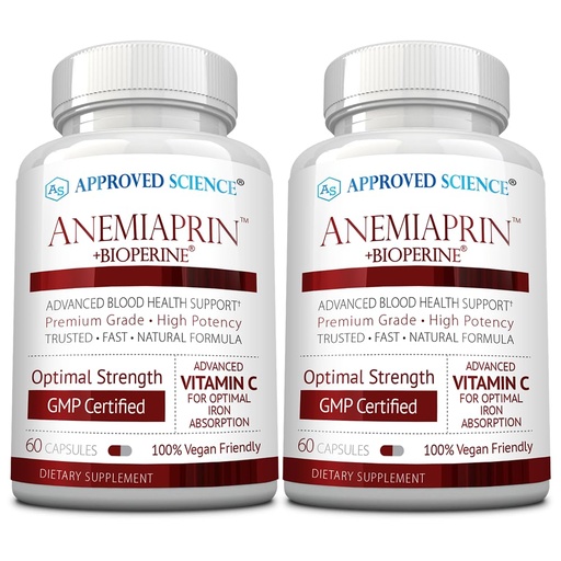 [BRSRAYIYOJ5WG2TB] Approved Science Anemiaprin - Iron Bisglycinate with Vitamin C - Gentle On Stomach - Non Constipating Iron Supplement for Women and Men - Blood Support - with Folate and B12-2 Months - Vegan