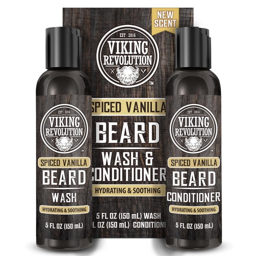 [BRSROZAEC4BRS2TH] Viking Revolution Beard Wash and Beard Conditioner for Men with Argan Oil and Jojoba Oil - Beard Softener and Strengthener Beard Care Beard Shampoo and Conditioner with Beard Oil (5oz, Spiced Vanilla)