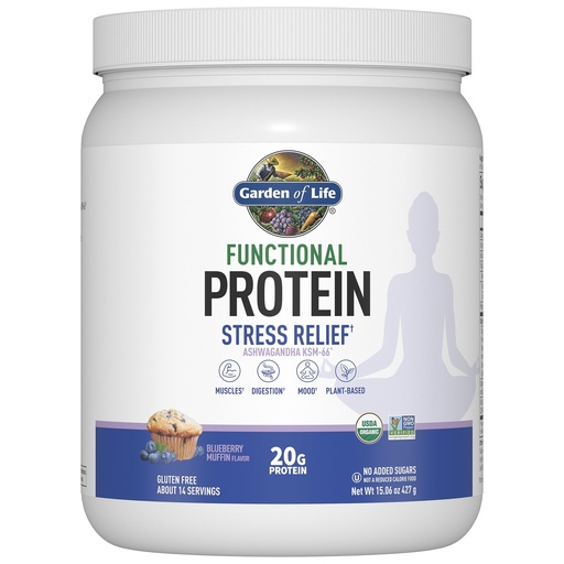 [BRSRMAQLAACBUCL4] Garden of Life - Functional Protein Stress Relief - 20g Organic Sprouted & Fermented Protein Blend - Blueberry Muffin, Mood Blend for Stress Management, Ashwagandha KSM-66, Vegan - About 14 Servings