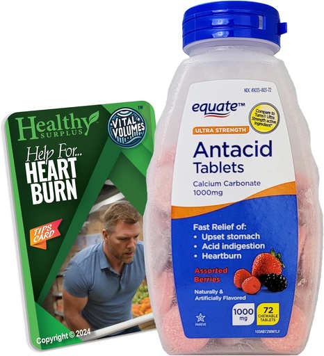 [BRSRAFT4OQMGOH3V] Ultra Strength Antacid Tablets - 탄산 칼슘 1000mg - 71 Chewable Tablets Assorted Berries 및 Vital Volumes Tips Card 번들