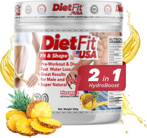 [BRSROCAQOEBQ43DK] DIETFIT | Pre-Workout and Diuretic 300 Grams | Hydroboost 2-in-1 | Pre-Workout & Diuretic | Intense Energy | Pineapple Flavor | 30 Servings | Fitness Supplements