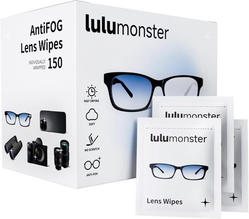 [BRSRAGQTCMGWYE3H] Anti Fog Lens Wipes for Eyeglasses Lulumonster, [150 Pre-Moistened Individually Wrapped Wipes] [Non-Scratching & Non-Streaking] Cleaner Wipes for Glasses, Sunglass, Phone Screen Camera Lens, Goggles