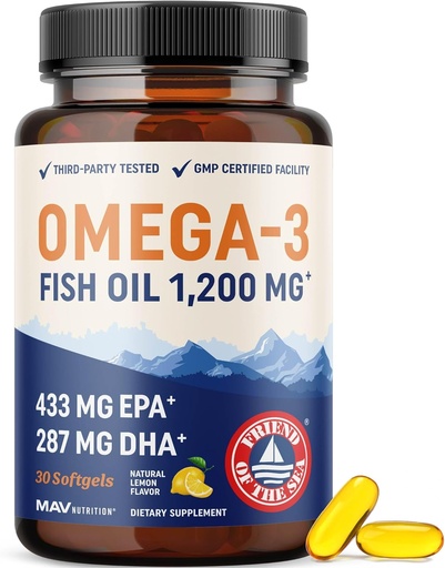 [BRSRAFABCF7BM2DF] Triple Strength Omega 3 Fish Oil 1200 mg | EPA & DHA | Wild Caught, Sustainably Sourced Omega-3 Fatty Acids | Premium Burpless Fish Oil Supplements | Non-GMO, Third-Party Tested | 30 Softgels