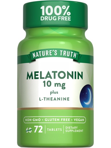 [BRSWICQBBAFGMYA7] Nature's Truth Melatonin 10 mg + L-Theanine | 72 Tablets | Maximum Strength | Vegan, Non-GMO and Gluten Free Supplement
