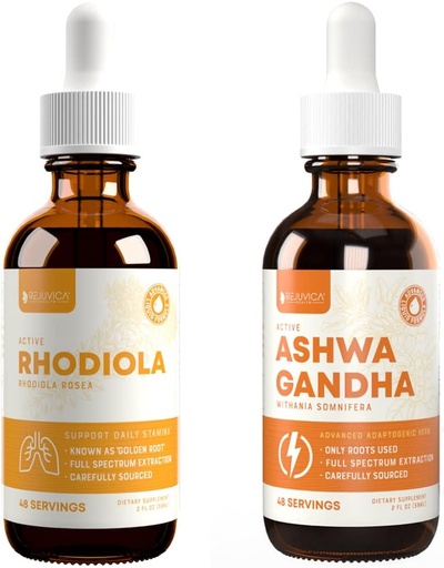[BRSRMCADCQHRSHQ3] Rejuvica Health Active Rhodiola + Active Ashwagandha - Support Energy + Stress - Liquid Delivery for Better Absorption - Rhodiola Root & Ashwagandha Root