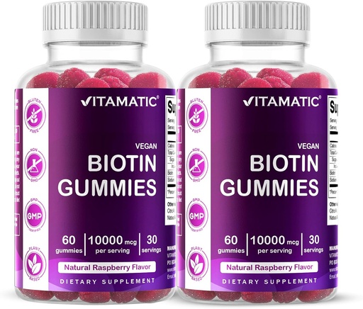 [BRSRMALRCUCBM2Y4] Vitamatic Biotin Gummies 10,000 mcg for Stronger Hair, Skin & Nails - 60 Vegan Gummies - Also Called Vitamin B7 (2 Bottles)
