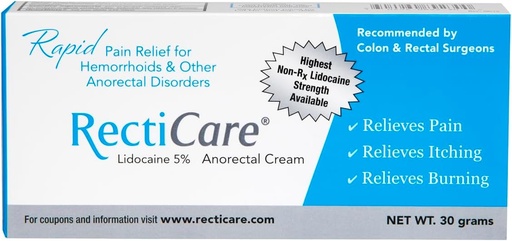[BRSWI2T4AJ5GMHQ3] Recticare Anorectal Lidocaine 5% Cream: Topical Numbing Cream för behandling av hemorrojder och andra anorektala störningar - 30g Tube