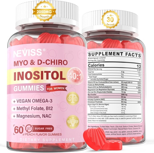 [BRSRAATQPINQEA3F] Myo- Inositol & D- Chiro Inositol Gummies Sugar Free, Ideal 40: 1 Santykis Inozitol Priedas moterims w / Vegan Omega-3, D3, Magnis, Metil foliatas, B12, Inozitol Multivitaminas moterų bendrai sveikatai