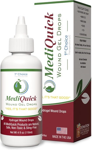 [BRSRMHA6BMMAO33G] MediQuick Skin & Work Care Hydrogel Drops - Бързо лекуване Първа помощ Капки с 12 часа действие за отстраняване на изцелението, изгаряния, възпаление, обрив, сърбеж, екзема и повече - безопасно измиване на раните с No-Sting - 4 Fl Oz