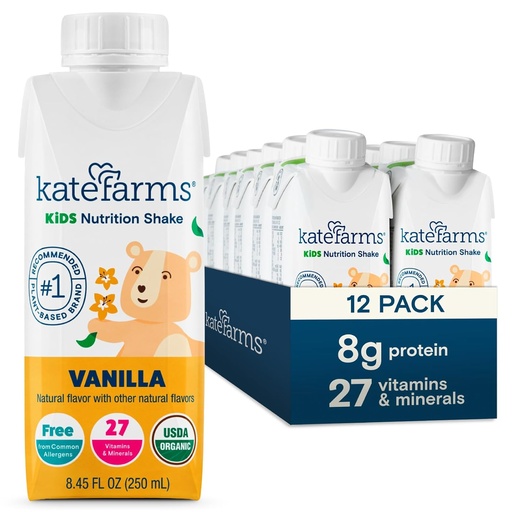 [BRSROGIQOEFBGFL6] KATE FARMS Organic Kids Nutrition Shake, Vanilla, 8g of protein, 27 Vitamins and Minerals, Meal Replacement Drink, Protein Shake, Gluten Free, Non-GMO, 8.45 Fl oz (Pack of 12)