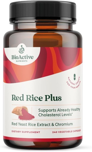 [BRSWI2TRDFYQ4GY5] BIOACTIVE NUTRIENTS Red Rice Plus Supplement- 240 Vegetable Capsules - Proprietary Blend of Turmeric, Black Pepper, Cayenne Pepper, Ginger Root, and Rosemary - Cholesterol Support