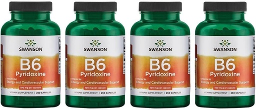 [BRSWGFD3C4BWKADJ] Swanson B6 Pyridoxina - Suplemento de vitaminas Promoción de la salud cardiovascular y el metabolismo energético - Fórmula natural Promoción del bienestar general - (250 cápsulas, 100 mg cada uno) (4 paquete)
