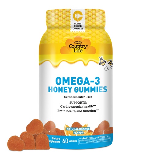 [BRSRAFQEO4CQIHT2] Country Life Omega-3 Honey Gummies – Cardiovascular & Brain Health Support – Non-GMO, Certified Gluten Free – Naturally Sweetened – 60 Gummies