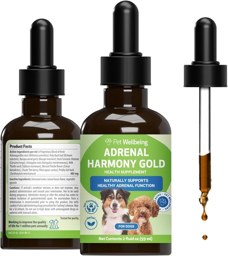[BRSWIEAKCIMAIHLO] Mascotas de bienestar Armonía Adrenal Oro para perros - Vet-Formulated - Soportes Función Adrenal saludable, Niveles normales de cortisol, Longitud saludable &amp; Peso – Suplemento Holístico – 2 oz (59 ml)