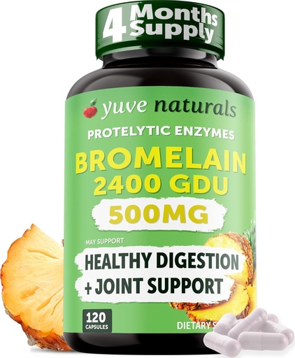 [BRSROCAQC4NGCEIV] Yuve High Potency Bromelain 500mg 2400GDU Digestive Enzymes - Gut & Joint Health from Pineapple - Helps Digesting Proteins - Plant-Based, Non-GMO, 3rd Party Tested - 120 Capsules