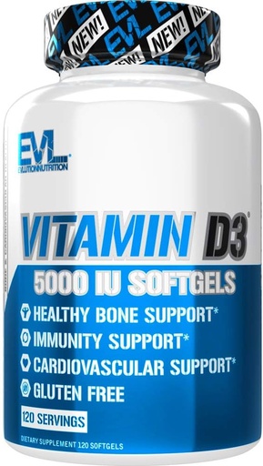 [BRSWYZ37OENBE33G] Evlution Nutrition Vitamin D3, 5000 IU High Potency, Bone and Joint Support Immune System Health, Non-GMO and Gluten-Free, Value Size (120 Servings)