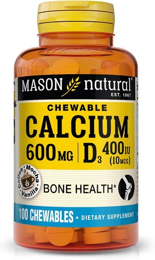 [BRSWIYIRDMCQEEA3] MASON NATURAL Calciu 600 mg cu vitamina D3, 100 de zile de aprovizionare, suporta sanatoase oase si functie musculara normala, cafea Mocha Aroma, 100 Chembables