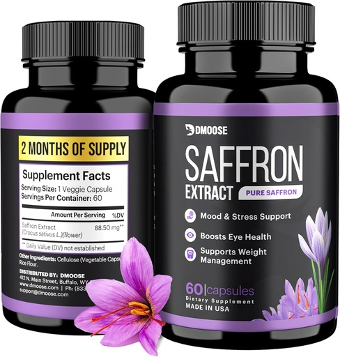 [BRSRAGQ7B4OQAHTX] DMoose Saffron Extract (88.5 mg) - Enhance Energy, Support Eye Health - Non-GMO Saffron Supplement for Men & Women - 60 Capsules (2 Months Serving) (60 Count)