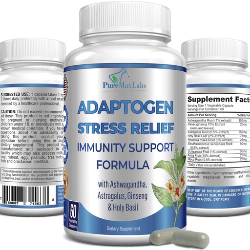 [BRSWYAYNOUCR4D3X] Adaptogen Stress Relief Immune Support Formula - Adaptogenic Adrenal Support with Ashwagandha, Astragalus, Ginseng, Holy Basil, Rhodiola, Amla, Maca, Schisandra, Non-GMO - 60 Capsules