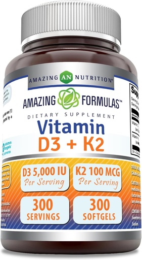 [BRSRAAT2AENAEALO] Amazing Formulas Vitamin D3 5000 IU with Vitamin K2 100 Mcg | D3 + K2 Complex Supplement | Softgels | Non-GMO | Gluten-Free | Made in USA (1 Pack, 300 Count)