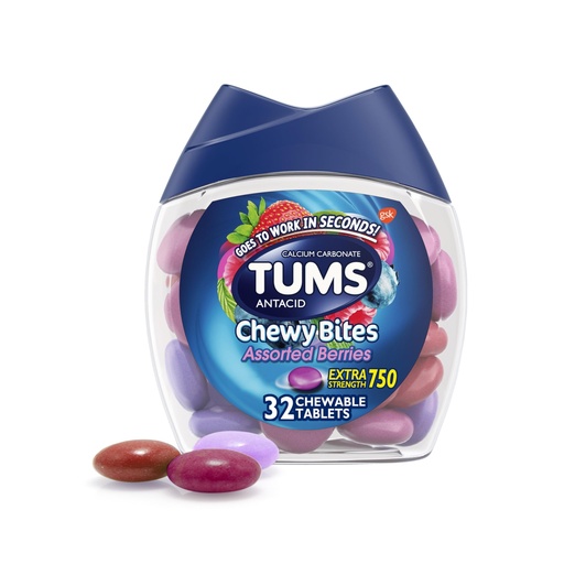 [BRSWGYABAUOQA3IV] TUMS Chewy Bites Antacid Tablets for Chewable Heartburn & Acid Indigestion Relief, Assorted Berries, 32 Count