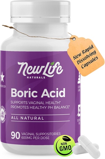 [BRSW2CAHCUOWOCYU] NewLife Naturals - Medical Grade Boric Acid Vaginal Suppositories - 600mg - 100% Pure Womens pH Balance Pills - Yeast Infection, BV - 90 Capsules: Made in USA
