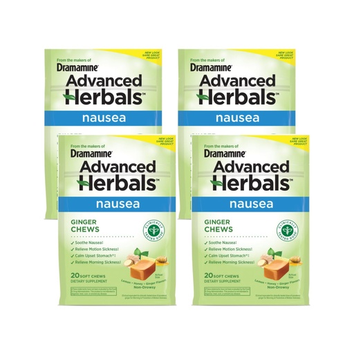 [BRSROZL4CEHQ22T4] Dramamine Advanced Herbals Nausea Ginger Chews, Non Drowsy Motion Sickness Relief, Lemon Honey Ginger Flavor, Soothes Upset Stomach, 20 Soft Chews (Pack of 4)