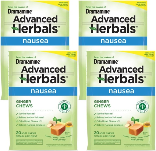 [BRSROZL4CEHQ22T4] Dramamine Ginger Chews, Helping with Nausea, Lemon Honey Ginger Flavor, 20 Soft Chews (Paket 4)